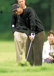 US golfer Tiger Woods hits the ball out of the high grass during the "Deutsche Bank-SAP Open" golf tournament in Alveslohe on Thursday.