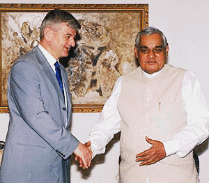 German Foreign Minister Joschka Fischer with Prime Minister Atal Behari Vajpayee at his residence on Thursday