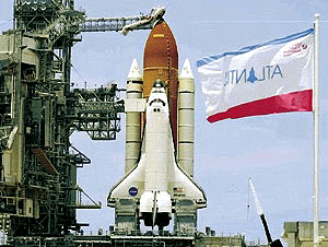 The space shuttle Atlantis sits on Kennedy Space Center's Launch Pad 39-A at Cape Canaveral, Fla. on Thursday, hours before a scheduled liftoff. Atlantis is scheduled to blast off early Friday morning on the third International Space Station assemble mission
