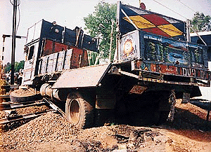 A truck which crashed into the Kalka-Pinjore railway crossing