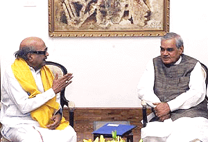 Prime Minister Atal Bihari Vajpayee with Tamil Nadu Chief Minister M. Karunanidhi at his residence in New Delhi on Friday