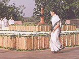 Sonia Gandhi pays tributes at Veer Bhumi on the death anniversary of her slain husband Rajiv Gandhi in New Delhi on Sunday. 
