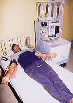 Babaljit Singh of Fatehgarh Sahib undergoes platelet apheresis in the department of Transfusion Medicine at the PGI in Chandigarh on Wednesday. � A Tribune photograph