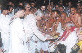 Priests of Tirupati temple offering prasad to Prime Minister Atal Bihari Vajpayee during his visit to the temple on Thursday
