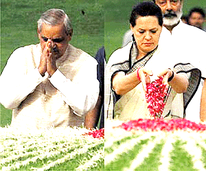 Prime Minister Atal Behari Vajpayee and Congress President Sonia Gandhi paying homage at the smadhi of Jawaharlal Nehru on his 35th death anniversary at Shanti Van in New Delhi