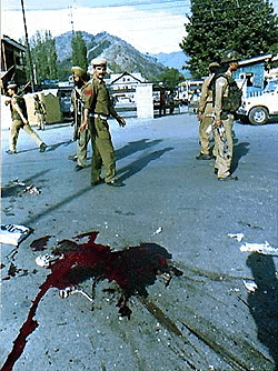 Blood stains near the site of the bomb explosion at tourist reception centre (TRC) in Srinagar. Two persons were killed and 12 others injured in the blast which took place on Sunday. 
