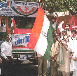 Congress president Sonia Gandhi flagging off water tankers for drought affected districts of Rajasthan in New Delhi on Tuesday