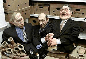 Puppets of Russian President Vladimir Putin, left, presidential chief-of-staff Alexander Voloshin, center, and U.S. President Bill Clinton, right, are in a storage room in the studio of a popular satirical television show, Kukly, in Moscow, Thursday. The episode featuring Clinton was to run Sunday to mark a Russian-U.S. summit this week