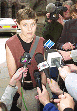 Sandy Brindley of the Glasgow Rape Crisis Centre outside the Court of Sessions in Edinburgh, Scotland, on Friday, after the group lost its bid to obtain a judicial review of Home Secretary Jack Straws decision to let boxer Mike Tyson into Britain. Tyson is scheduled to fight compatriot Lou Saverese in Glasgow, Scotland, on June 24