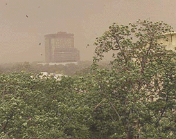 A duststorm swept past National Capital on Sunday afternoon that blurred Delhi's skyline of a while, a towering five-star hotel is seen against the duststorm that caused damage in several parts including uprooting of trees in the city