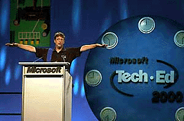 Microsoft Chairman Bill Gates gives the keynote address at the opening of Microsoft Tech-Ed 2000 in Orlando, Fla. on Monday. Gates shared his vision for the programmable web with the gathering. 