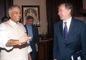 Finance Minister Yashwant Sinha with Mr Horst Kohler, IMF Managing Director at North Block in New Delhi on Tuesday. � PTI photo