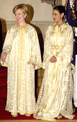 First lady Hillary Rodham Clinton and Princess Lalla Meryem stand in a receiving line to greet guests attending a State Dinner honoring King Mohammed VI of Morocco to the White House, on Tuesday, in Washington. King Mohammed VI brought a dress for Mrs. Clinton and she agreed to wear the dress, called a takchita, to the dinner