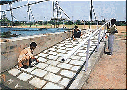 Work in progress at the venue for Olympic Day in Sector 5, Panchkula, on Wednesday.�A Tribune photograph