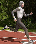   BEAVERTON, USA : Gina Dewitt, U.S. 800-meter runner, demonstrates "The Swift Suit"  designed by Nike and revealed to the media Thursday, June 22, 2000 at the Nike Campus in Beaverton, Ore. Following more than two years of research, design and developement, Nike and world champion sprinter Marion Jones, who worked closely with designers, unveiled the head-to-toe body suit. AP/PTI