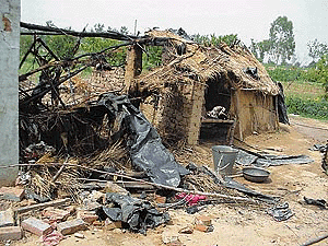 The collapsed roof of a labourer's house which was struck by lightening on Friday morning. 