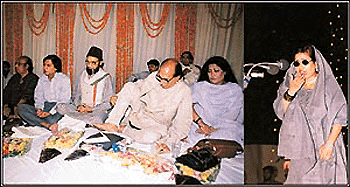 Sharifa Shabnam recites couplets at a mushaira held at Yadvindra Gardens, Pinjore, on Thursday. (Left) A section of poets on the dais listen intently	    � a Tribune photograph
