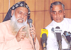 The new Catholic Bishops Conference of India President Archbishop Cyril Mar Baselios who succeeds Alan De Lastic, addressing a press conference in New Delhi on Saturday. Also seen in the photo is Father Victor D'Souza, the newly appointed administrator for Delhi archdiocese