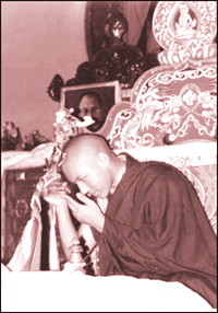 The 17th Karmapa, Ogyen Trinley Dorjee, accepts an offering made to him on the occasion of his 15th birthday at the Gyuto monastry at Sidhbari in Dharamsala on Monday