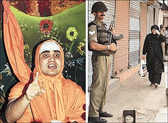 Sawmi Adhokshjanand Tirathji Maharaj, leader of Hindu Sect Govardhan Puri Pithadishwar, speaks during a news conference in Srinagar June 27. Sawmi Adhokshjanand said he has visited several localities and met several separatist leaders in Srinagar. He said, "to solve the Kashmir problem we have to solve the problem spirtually, religiously and in a good manner"