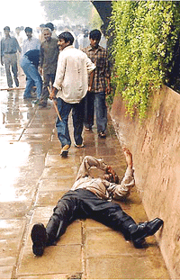 Activist of youth congress injured when police water cannoned on their demonstration in New Delhi on friday. They were demonstrating with a demand to ban Bajrang Dal and Shiv Sena