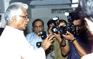 Defence Minister George Fernandes with the media during a Press conference in New Delhi on Tuesday
