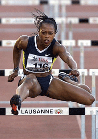 US athlete Gail Devers in action to win the women's 110 hurdle at the Athletissima Meeting in Lausanne, Switzerland, on Wednesday. Gail Devers won the race with a meeting record time of 12,50 seconds