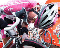 Jan Ullrich of Germany checks his front brakes before the start of the 218,5kms 11th stage of the Tour de France cycling race from Bagneres-de-Bigorre to Revel on Tuesday 