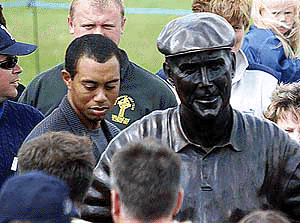 U.S. golfer Tiger Woods at the unveiling of a statue to the late golfing legend Payne Stewart of the United States, at the Waterville Golf Club in County Kerry, Ireland on Wednesday