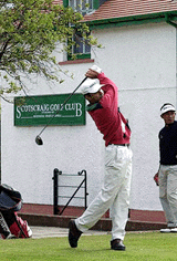 Asian PGA player Jyoti Randhawa of India tees off on July 14 during a practice round at the Scotscraig Golf Club, Fife, Scotland.