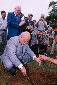 Chief Justice of India, Dr A.S. Anand, plants a sapling after laying the foundation stone of Aruna Ranjit Chandra Hall at Panjab University, Chandigarh, on Saturday