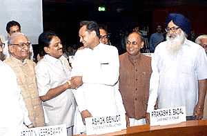 (From left) The Chief Ministers of UP, Maharashtra, Rajasthan, Himachal and Punjab, Mr R.P. Gupta, Mr Vilasrao Deshmukh, Mr Ashok Gehlot, Mr P.K. Dhumal and Mr Parkash Singh Badal, respectively, at the first meeting of the National Population Commission in New Delhi on Saturday