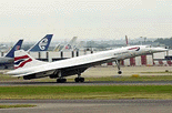 British Airways Concorde flight BA 001 takes off from London's Heathrow Airport for New York on Monday. British Airways has grounded one of its Concorde aircraft, after small cracks spotted on its wings grew larger. Engineers detected 50-millimeter-long (2 inch) cracks a few months ago in the wings of the entire seven-plane fleet, but following ultrasonic testing and consultations with aviation authorities, all seven aircraft were allowed to remain in service