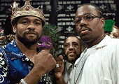 Undisputed world light heavyweight champion Roy Jones Jr. (left) and International Boxing Federation contender Eric Harding pose after announcing their upcoming live TVKO pay-per-view fight on Monday, in New York
