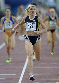 Russian 1500 womens winner Svetlana Masterkova crosses the finish line at the Barcelona Athletics meeting at Montjuich Olympic stadium on Tuesday
