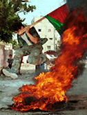 A Palestinian demonstrator, perturbed over the failure of the Camp David summit, jumps over burning tyres as he holds a flag at the entrance of the Ain al-Hilweh refugee camp on Wednesday.