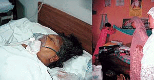 The victim Balbir Kaur, lying in an unconscious state in CMC (right) relatives of the deceased, Kamikkar Singh, inspecting the house where the gang struck. � Photo by Rajesh Bhambi