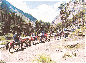 Amarnth bound yatries moving ahead to have darshan at the 3,880 metre high holy cave in Kashmir Himalayas. The month-long yatra resumed on Wednesday after remained disrupted for five days following incessant rains
