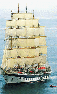 The world's largest fully rigged sailing ship, the "Royal Clipper" arrives in Monte Carlo July 28, 2000. Royal Clipper is the world's largest 5-masts sailing ship replacing the Russian ship "Sedov" with an overall length of 134 meters