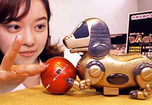 Nana Okitsu, and employee of Japanese toy giant Takara, displays dog shaped robot "Dacky Jr." in Tokyo on Monday
