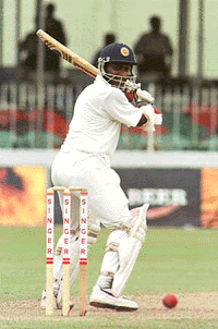 Sri Lankan captain Sanath Jayasuriya bats from South African fast bowler Mornantau Hayward on the second day of the third and final test in Colombo on Monday