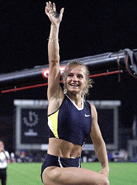 Anzhela Balakhonova from Ukraine waves after jumping European record in the women's pole volt competition with 4,56 meters, on Tuesday during the track and field meeting in Linz, Austria