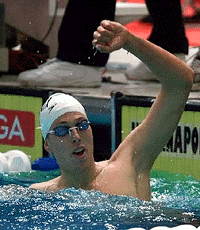 Klete Keller celebrates an American record of 3:37.18 in the finals of the men's 400-meter freestyle at the U.S. Olympic Swimming Trials in Indianapolis, on Wednesday