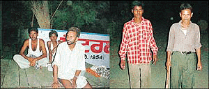 Residents of Pamal village sit on guard at night. (Right) Guards employed by the Lalton panchayat to save themselves from robbers.
