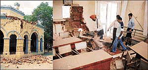 A view of the District and Sessions Court building damaged by a bomb blast. (right) Police personnel search the court complex in Ludhiana on Saturday. � Photos by Rajesh Bhambi