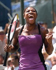 Serena Williams celebrates her win over Martina Hingis, of Switzerland, 4-6, 6-2, 6-3, after their semifinal match of Estyle.com Classic tennis tournament in Manhattan Beach, Calif.