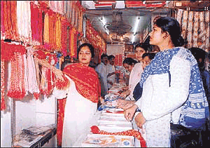 Women purchase rakhis at Adalat Bazar in Patiala.