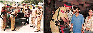 Cops searching a vehicle following the beefing up of the security in Ludhiana on Sunday.