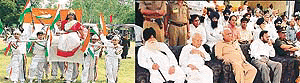A tableau symbolising Bharatmata being displayed at the Independence Day parade in Ludhiana (Right) Minister for Local Bodies Balramji Dass Tandon and MP Lala Lajpat Rai, senior Akali leader Jagdev Singh Talwandi and Deputy Commissioner S.K. Sandhu watch the cultural programme.