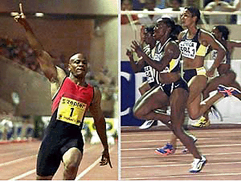 US World champion Maurice Greene wins the 100m race at the Herculis track and field meeting in Monaco, on Friday. US champion Inger Miller, (right left) on her way to victory in the 100 meter race, with France's Christine Arron, right, at the Herculis track and field meeting in Monaco, Friday. Arron took the third place. � AP/PTI photo